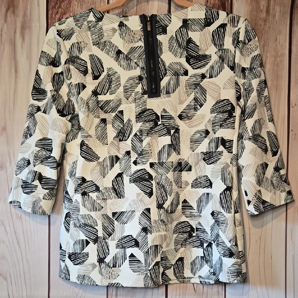 Alfani Black Cream Beige & Navy Geomtetric Print 3/4 Sleeve Blouse Petite Small - Picture 6 of 7
